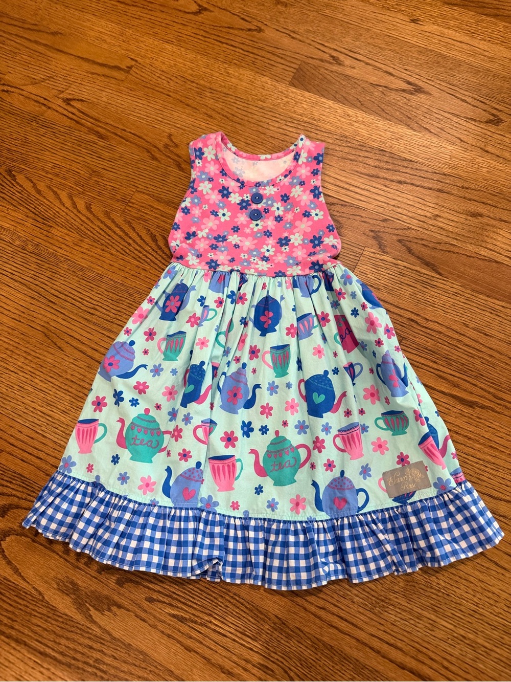 Eleanor Rose Pink and Aqua Tea Party Print Girls Dress